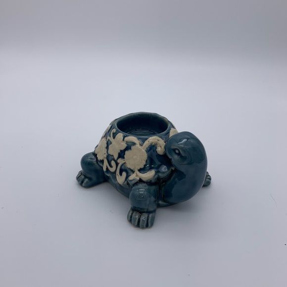 Blue & White Tea Light Ceramic Turtle Candle Or Plant Holder Crackle - Picture 1 of 12